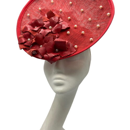 Red saucer percher headpiece with stunning red leather flower and pearl detail.